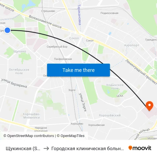 Щукинская (Schukinskaya) to Городская клиническая больница имени С. П. Боткина map