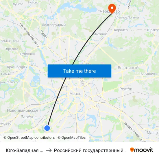 Юго-Западная (Yugo-Zapadnaya) to Российский государственный университет туризма и сервиса map