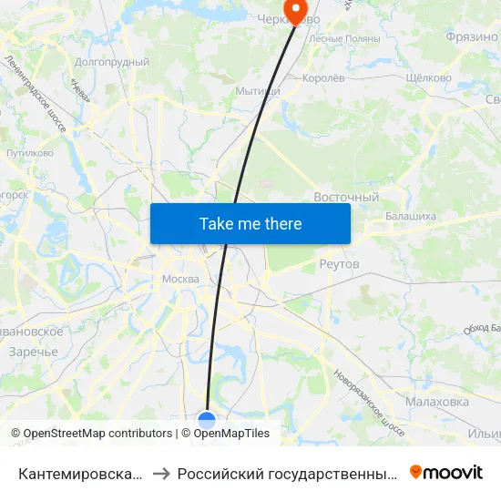 Кантемировская (Kantemirovskaya) to Российский государственный университет туризма и сервиса map