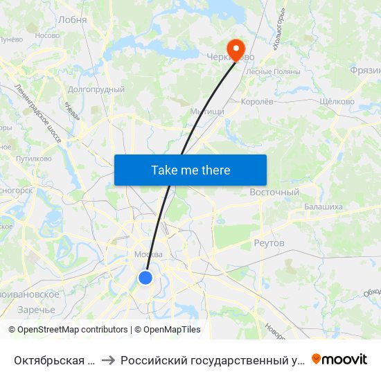 Октябрьская (Oktyabrskaya) to Российский государственный университет туризма и сервиса map