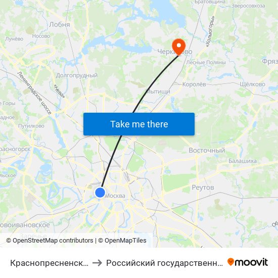 Краснопресненская (Krasnopresnenskaya) to Российский государственный университет туризма и сервиса map