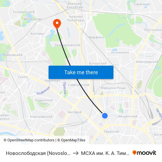 Новослободская (Novoslobodskaya) to МСХА им. К. А. Тимирязева map