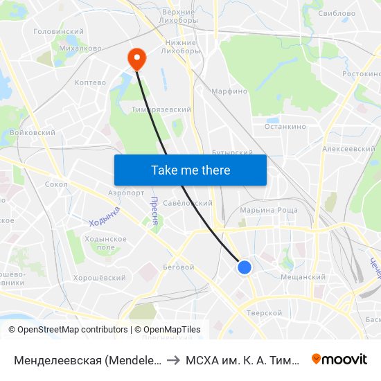 Менделеевская (Mendeleevskaya) to МСХА им. К. А. Тимирязева map