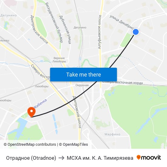 Отрадное (Otradnoe) to МСХА им. К. А. Тимирязева map