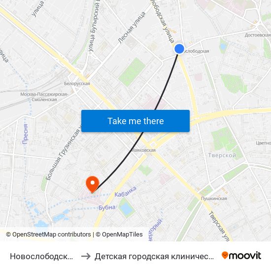 Новослободская (Novoslobodskaya) to Детская городская клиническая больница №13 им. Н.Ф.Филатова map