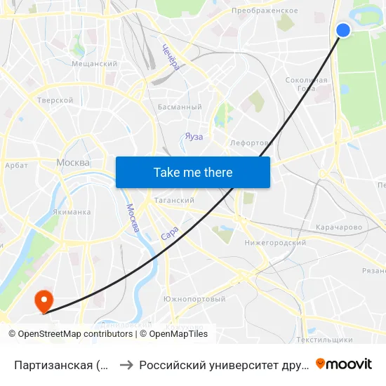 Партизанская (Partizanskaya) to Российский университет дружбы народов (РУДН) map