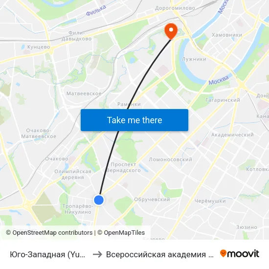 Юго-Западная (Yugo-Zapadnaya) to Всероссийская академия внешней торговли map