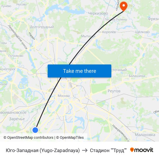Юго-Западная (Yugo-Zapadnaya) to Стадион ""Труд"" map