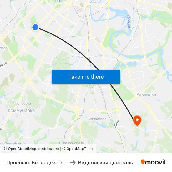 Проспект Вернадского (Prospekt Vernadskogo) to Видновская центральная районная больница map