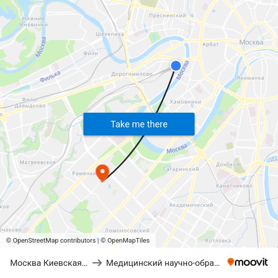 Москва Киевская (Kievsky Station) to Медицинский научно-образовательный центр МГУ map