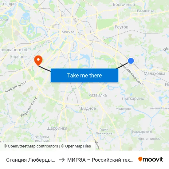 Станция Люберцы (ул. Инициативная) to МИРЭА – Российский технологический университет map