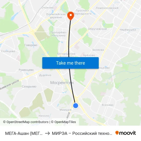 МЕГА-Ашан (МЕГА Тёплый Стан) to МИРЭА – Российский технологический университет map