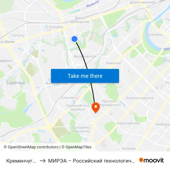 Кременчугская ул. to МИРЭА – Российский технологический университет map
