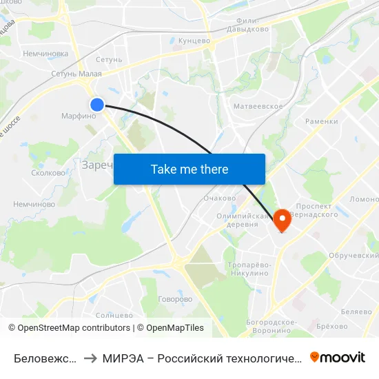 Беловежская ул. to МИРЭА – Российский технологический университет map