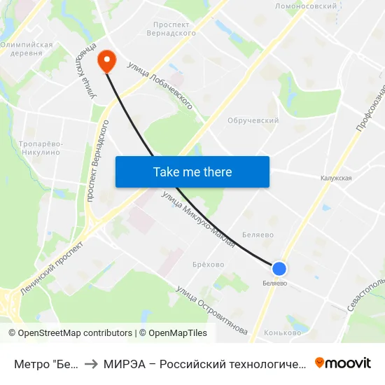 Метро "Беляево" to МИРЭА – Российский технологический университет map