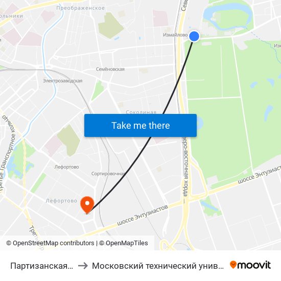 Партизанская (Partizanskaya) to Московский технический университет связи и информатики map