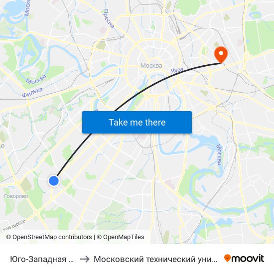 Юго-Западная (Yugo-Zapadnaya) to Московский технический университет связи и информатики map