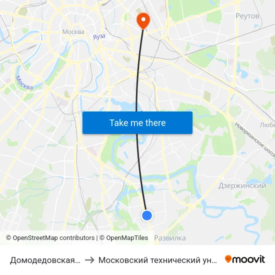 Домодедовская (Domodedovskaya) to Московский технический университет связи и информатики map