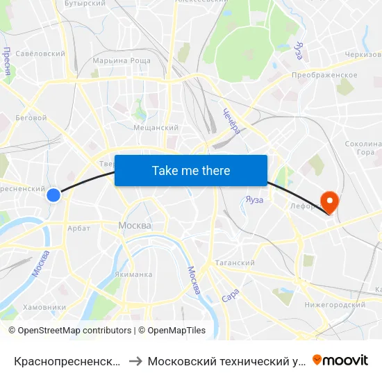 Краснопресненская (Krasnopresnenskaya) to Московский технический университет связи и информатики map