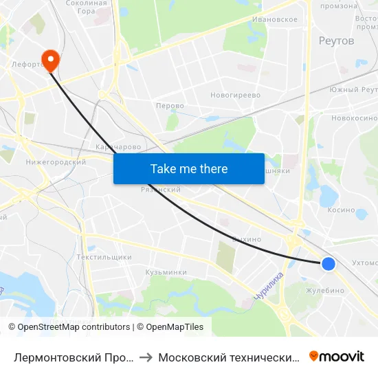 Лермонтовский Проспект (Lermontovsky Prospekt) to Московский технический университет связи и информатики map