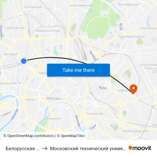 Белорусская (Belorusskaya) to Московский технический университет связи и информатики map