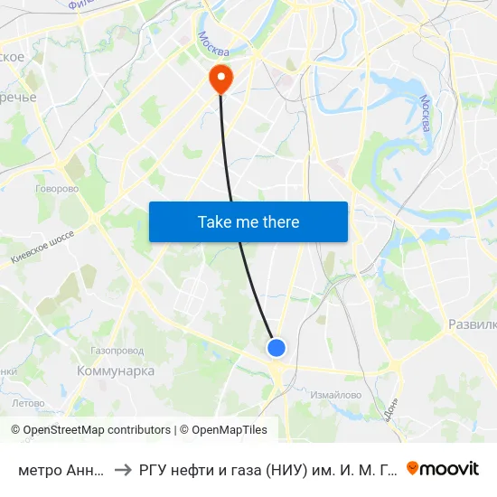 метро Аннино to РГУ нефти и газа (НИУ) им. И. М. Губкина map