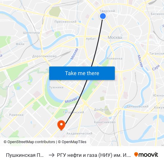 Пушкинская Площадь to РГУ нефти и газа (НИУ) им. И. М. Губкина map