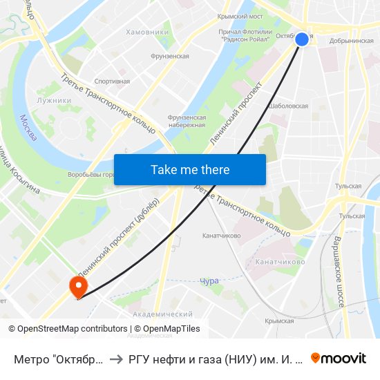 Метро "Октябрьская" to РГУ нефти и газа (НИУ) им. И. М. Губкина map