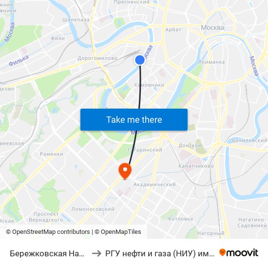 Бережковская Набережная 8 to РГУ нефти и газа (НИУ) им. И. М. Губкина map
