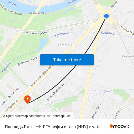 Площадь Гагарина to РГУ нефти и газа (НИУ) им. И. М. Губкина map