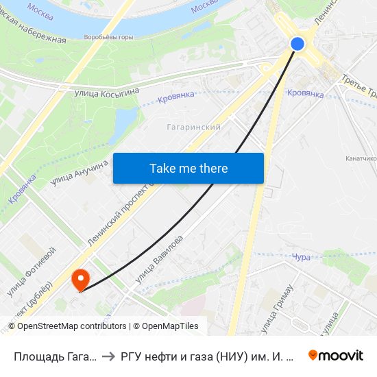 Площадь Гагарина to РГУ нефти и газа (НИУ) им. И. М. Губкина map