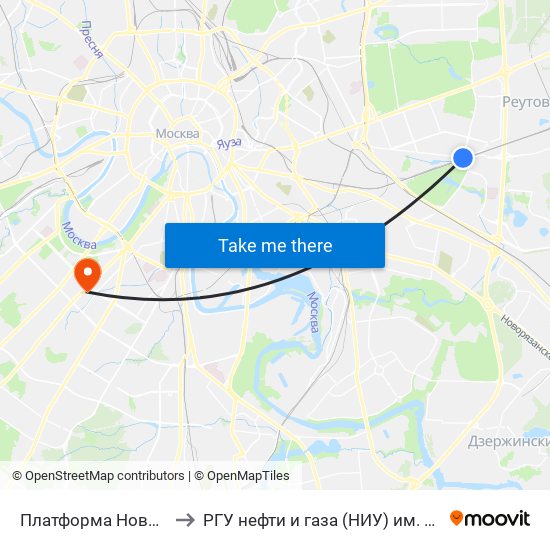 Платформа Новогиреево to РГУ нефти и газа (НИУ) им. И. М. Губкина map