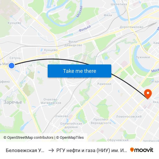 Беловежская Улица 19 to РГУ нефти и газа (НИУ) им. И. М. Губкина map