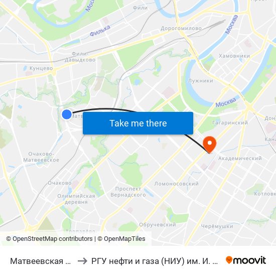 Матвеевская Улица to РГУ нефти и газа (НИУ) им. И. М. Губкина map