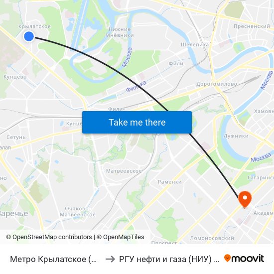 Метро Крылатское (Муниципалитет) to РГУ нефти и газа (НИУ) им. И. М. Губкина map