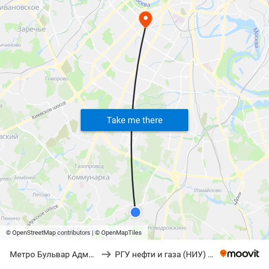 Метро Бульвар Адмирала Ушакова to РГУ нефти и газа (НИУ) им. И. М. Губкина map