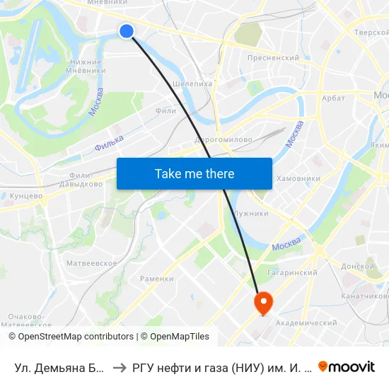 Ул. Демьяна Бедного to РГУ нефти и газа (НИУ) им. И. М. Губкина map