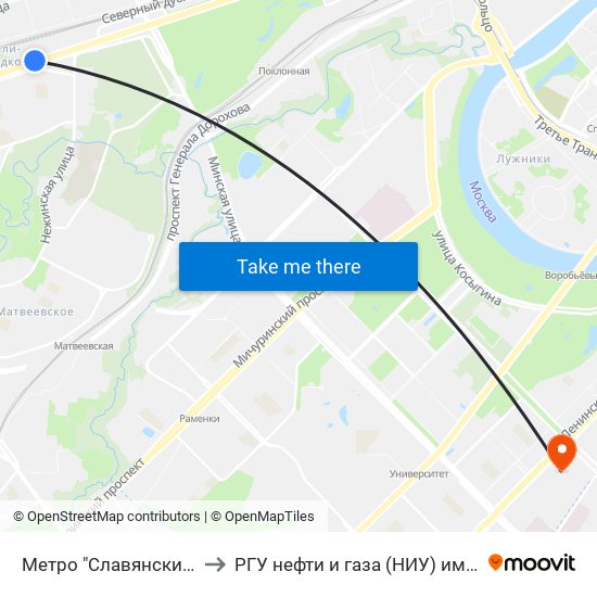 Метро "Славянский Бульвар" to РГУ нефти и газа (НИУ) им. И. М. Губкина map