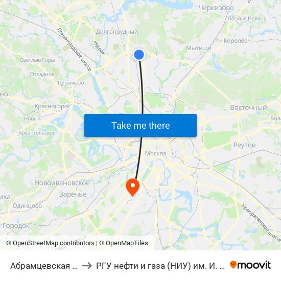 Абрамцевская Ул., 24 to РГУ нефти и газа (НИУ) им. И. М. Губкина map