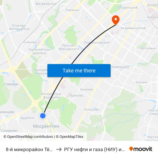 8-й микрорайон Тёплого Стана to РГУ нефти и газа (НИУ) им. И. М. Губкина map