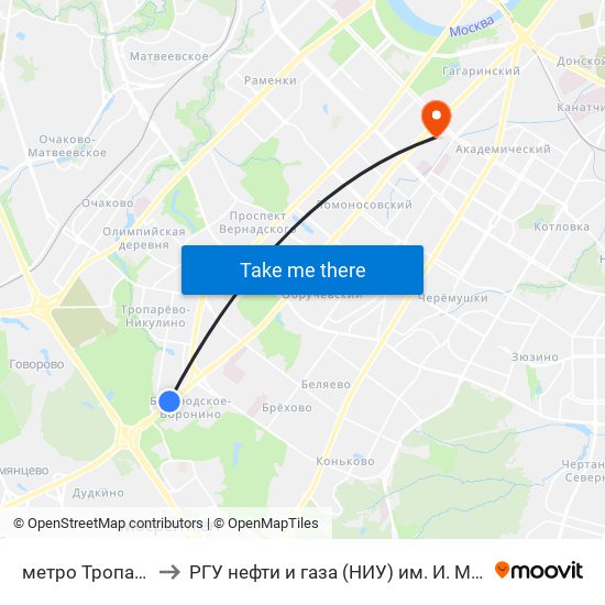 метро Тропарёво to РГУ нефти и газа (НИУ) им. И. М. Губкина map