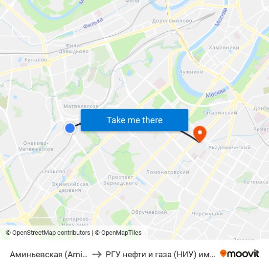 Аминьевская (Aminyevskaya) to РГУ нефти и газа (НИУ) им. И. М. Губкина map