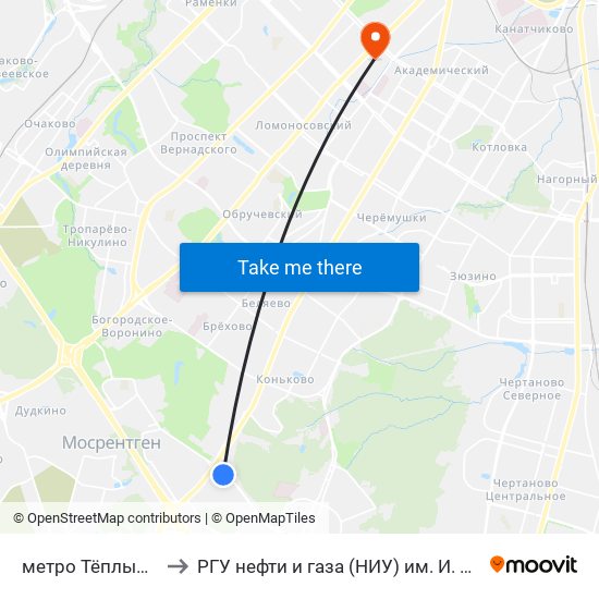 метро Тёплый Стан to РГУ нефти и газа (НИУ) им. И. М. Губкина map