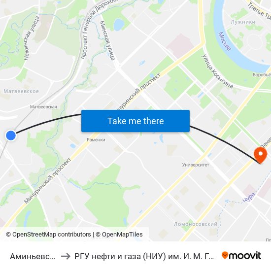 Аминьевская to РГУ нефти и газа (НИУ) им. И. М. Губкина map