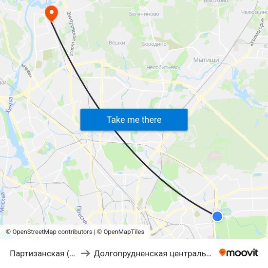 Партизанская (Partizanskaya) to Долгопрудненская центральная городская больница map