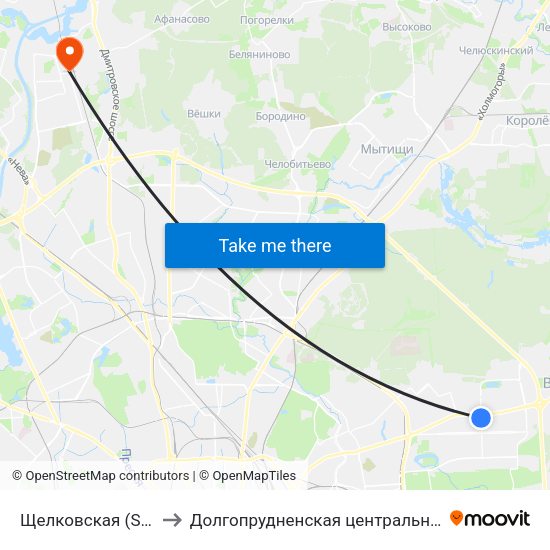 Щелковская (Schelkovskaya) to Долгопрудненская центральная городская больница map