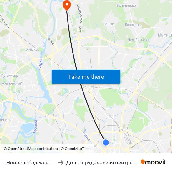 Новослободская (Novoslobodskaya) to Долгопрудненская центральная городская больница map