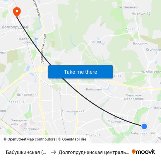 Бабушкинская (Babushkinskaya) to Долгопрудненская центральная городская больница map