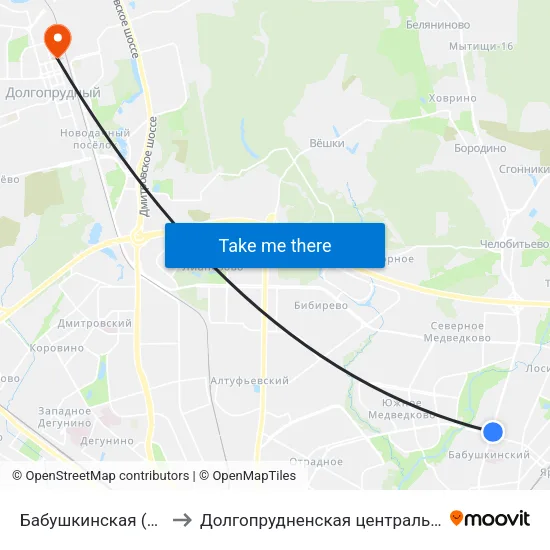 Бабушкинская (Babushkinskaya) to Долгопрудненская центральная городская больница map