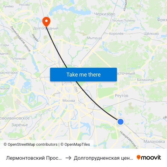 Лермонтовский Проспект (Lermontovsky Prospekt) to Долгопрудненская центральная городская больница map
